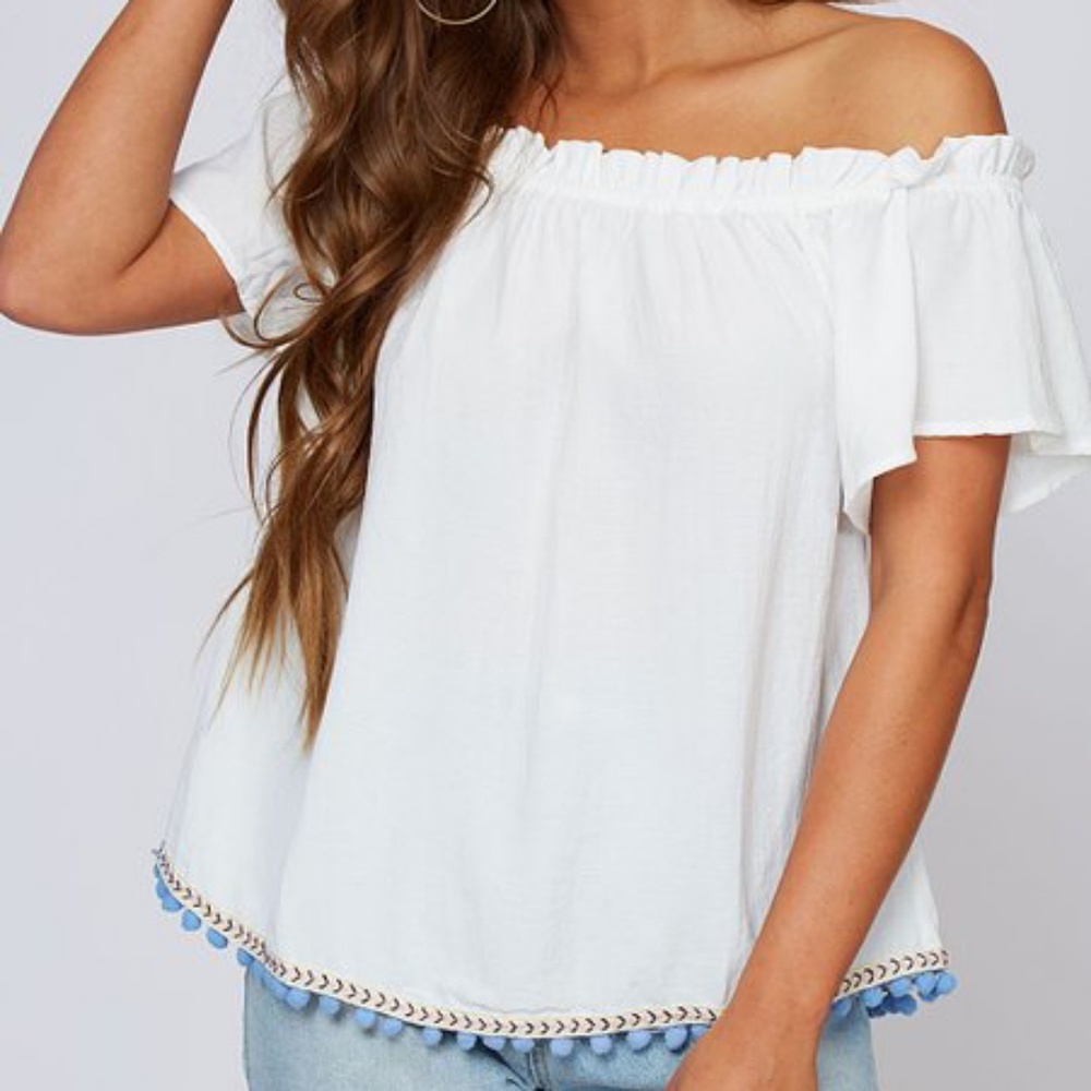 Peach Love CA Off The Shoulder Pom Pom Top